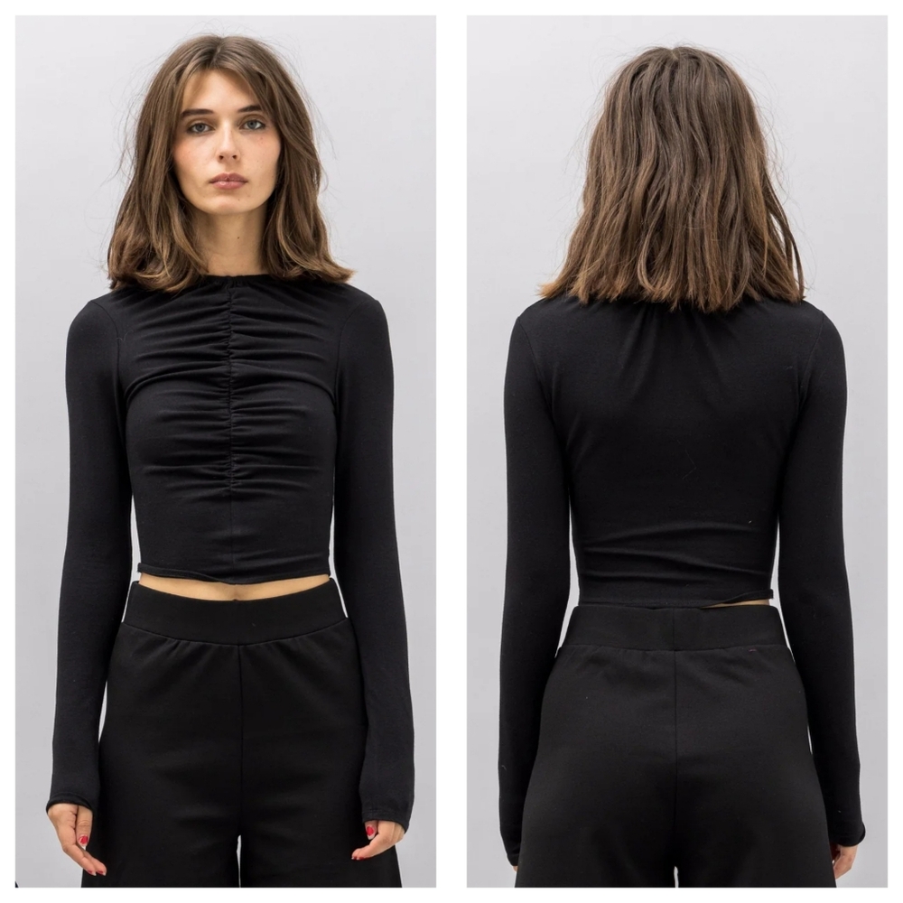 Toit Volant Women's Black Totty Top Long Sleeve Ruched Front Side Size Small